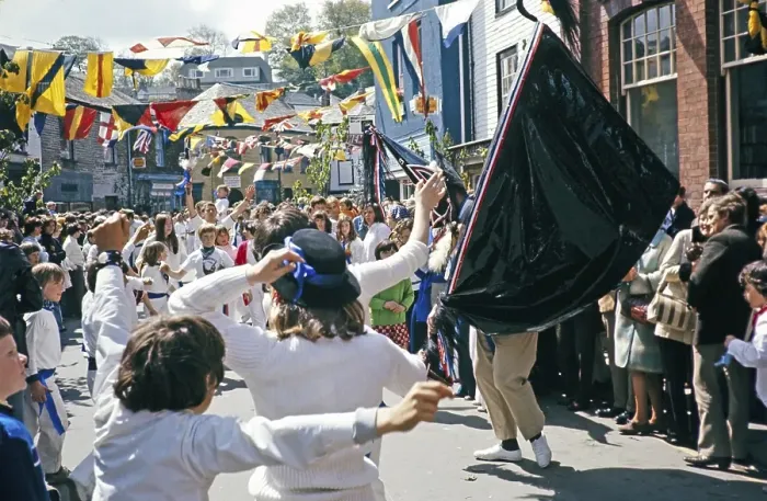 Framed Print : Obby Horse May Day Festival, Padstow, Cornwall, England, UK 1975 - The Blue Oss