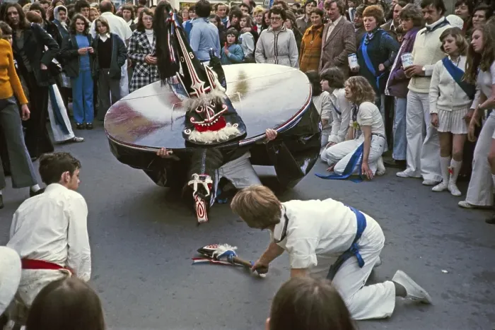 Framed Print : Obby Horse May Day Festival, Padstow, Cornwall, England, UK 1975 - The Blue Oss