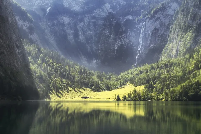 Framed Print : Obersee near Koenigsee with big Waterfall Framed Print : Obersee near Koenigsee with big Waterfall