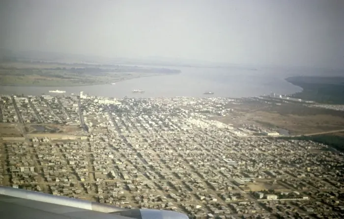 Framed Print : Oblique aerial view from an aeroplane, Guayaquil, Guayas Province, Ecuador, South America 1962 Cityscape and Rio Guayas River and Isla Santa Island, South America