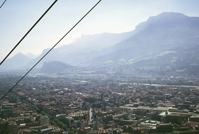 Framed Print : Oblique aerial view of the city centre from the cable car, Grenoble, France 1974