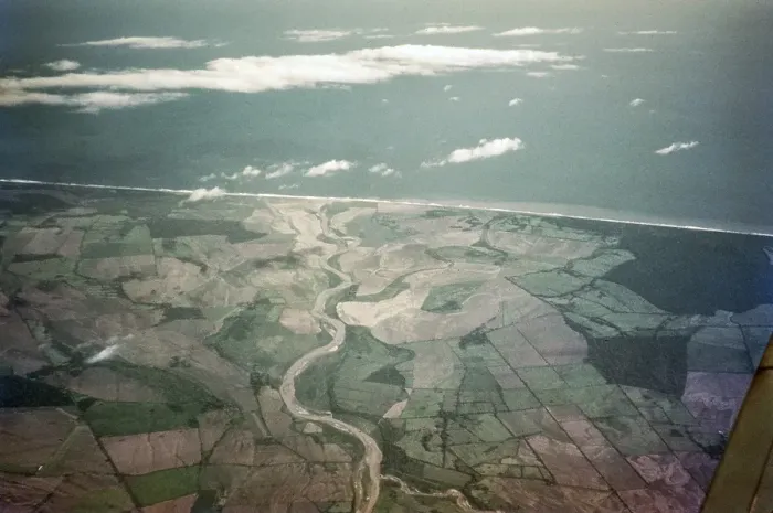 Framed Print : Oblique aerial view of the coastal plain and seashore, Pacific coast of Panama, Central America, early 1960s