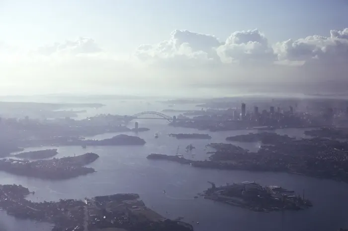 Framed Print : Oblique aerial view of the harbour, the bridge and the city centre skyline, Sydney, Australia 1974 Framed Print : Oblique aerial view of the harbour, the bridge and the city centre skyline, Sydney, Australia 1974