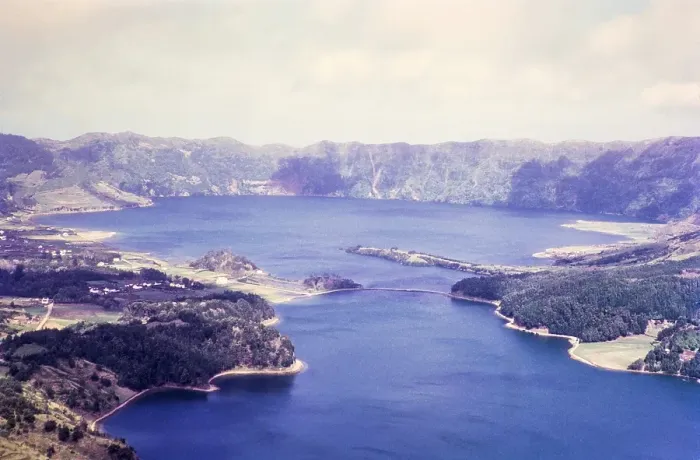Framed Print : Oblique aerial view of Lagoa Azul and Lagoa verde, blue and green lake, Lagoa das Sete Cidades, Sao Miguel Island, Azores, Portugal, April 1964, Europe