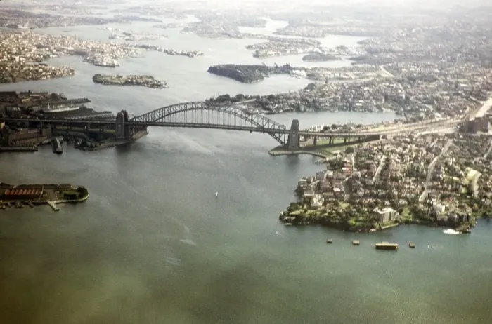 Framed Print : Oblique aerial view of the Sydney Harbour Bridge, Sydney, New South Wales, Australia 1956 before the construction of the Opera House on the peninsula to the left Framed Print : Oblique aerial view of the Sydney Harbour Bridge, Sydney, New South Wales, Australia 1956 before the construction of the Opera House on the peninsula to the left