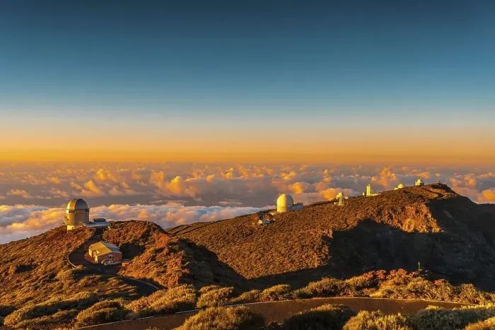 Framed Print : Observatories of Roque de los Muchachos in the Caldera de Taburiente in a beautiful orange sunset