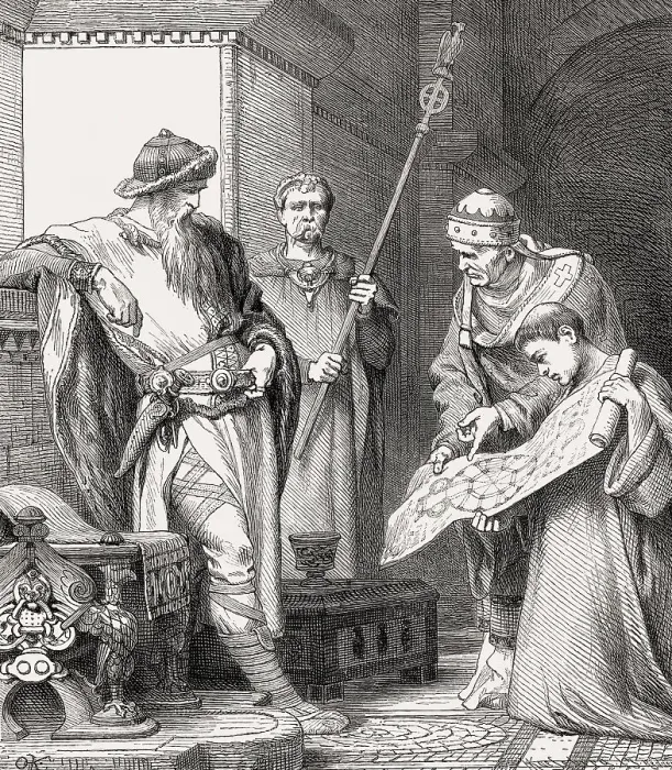 Framed Print : Odo of Metz showing a plan of the Palace of Aachen to Charlemagne Framed Print : Odo of Metz showing a plan of the Palace of Aachen to Charlemagne