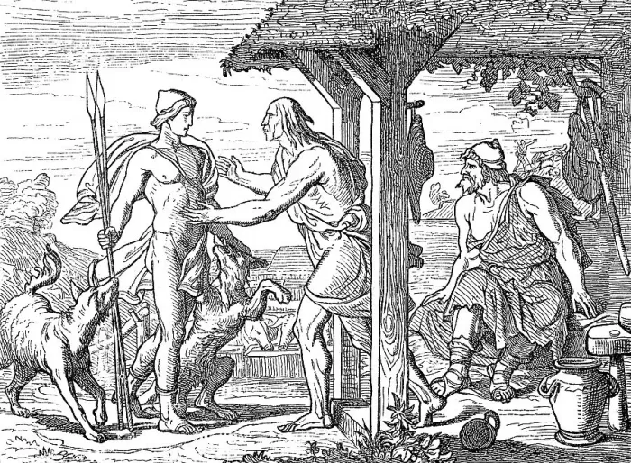Framed Print : Odysseus sits by the fire as Eumaeus discovers Telemachus at the entrance of his hut Framed Print : Odysseus sits by the fire as Eumaeus discovers Telemachus at the entrance of his hut