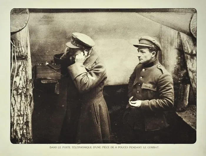 Framed Print : Officer in shelter using telephone at communication post in Flanders during the First World War Framed Print : Officer in shelter using telephone at communication post in Flanders during the First World War