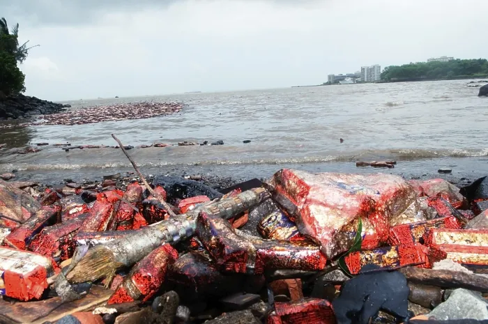 Framed Print : Oil soaked biscuit packets floating due to container ship chitra colliding in sea Bombay Mumbai Framed Print : Oil soaked biscuit packets floating due to container ship chitra colliding in sea Bombay Mumbai