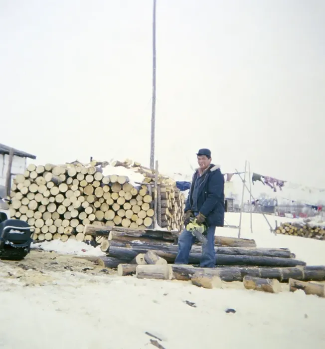 Framed Print : Ojibway community of Webequie First Nation, Eastwood Island, Northern Ontario, Canada 1978 Man at work with a chainsaw sawing wood