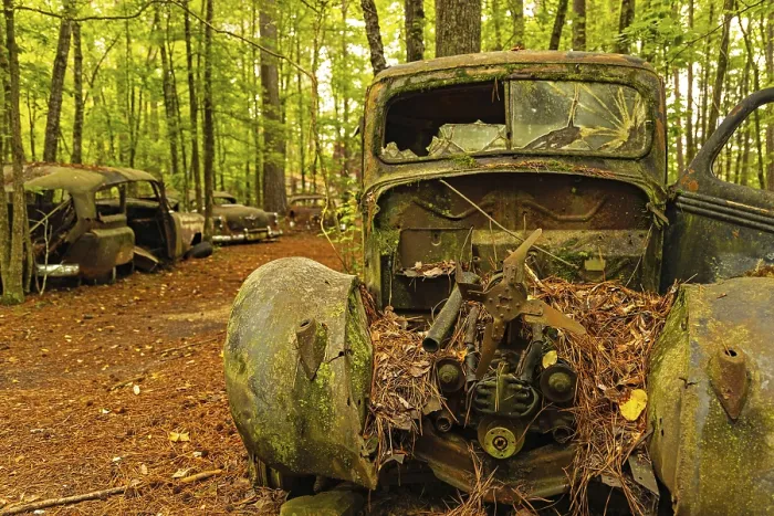 Framed Print : Old abanoded car in a forest