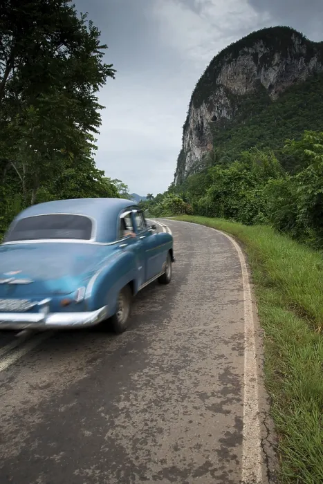 Framed Print : Old american car drive in Cuba rural village