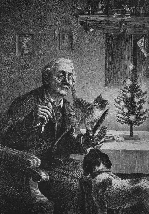 Framed Print : Old batchelor celebrating Christmas with a dog and a cat Framed Print : Old batchelor celebrating Christmas with a dog and a cat