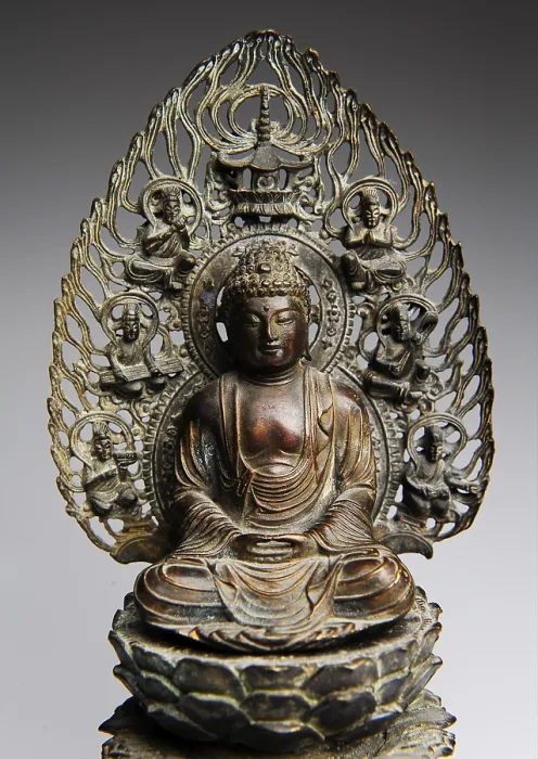Framed Print : Old Buddha sculpture, bronze, Buddha sitting on a throne