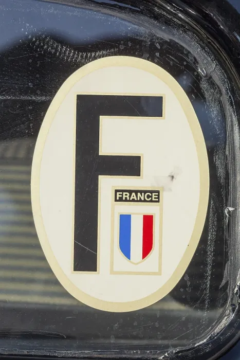 Framed Print : Old car licence plate or country code F for France on a classic car