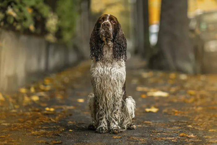 Framed Print : Old English Cocker Spaniel sitting on autumn path