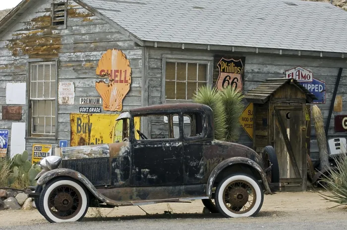 Framed Print : Old Ford vintage car along the Route 66 at the general store of the ghost town Hackberry in Arizona