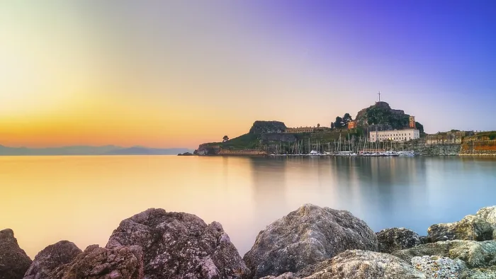 Framed Print : Old fortress, romantic view of a fortress at sunrise over calm water