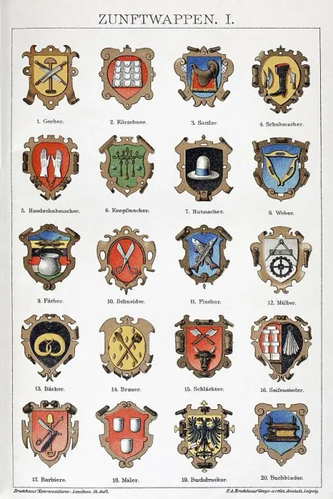 Framed Print : Old guild emblems, symbols of craft guilds