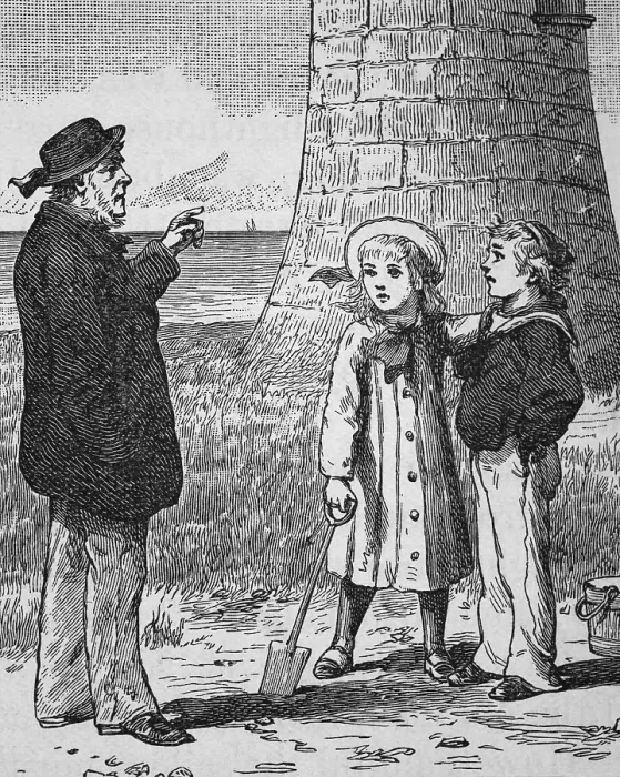 Framed Print : The old lighthouse keeper entertains small children with stories of the sea Framed Print : The old lighthouse keeper entertains small children with stories of the sea