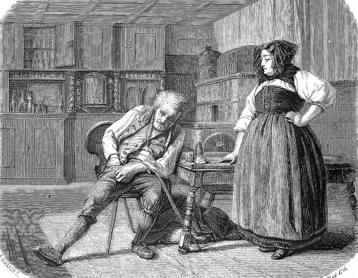 Framed Print : Old man in an inn in France, looking in his pocket for money to pay his bill Framed Print : Old man in an inn in France, looking in his pocket for money to pay his bill