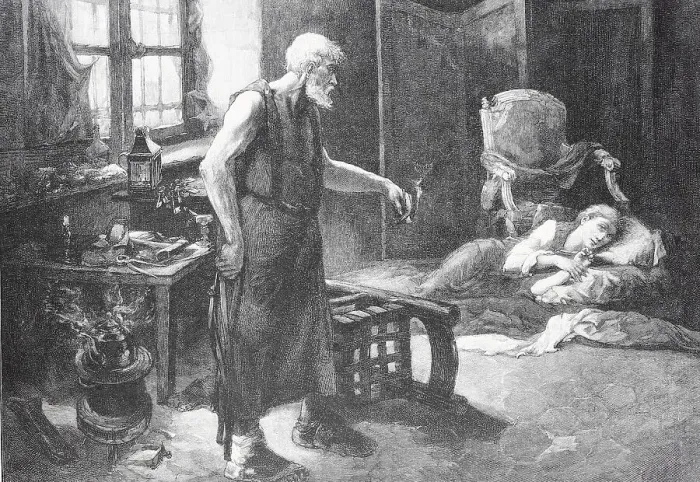 Framed Print : An old man stands in a dark room next to a sleeping person in bed Framed Print : An old man stands in a dark room next to a sleeping person in bed