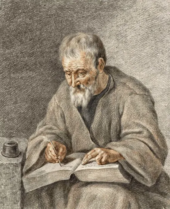 Framed Print : Old Man Writing Notes in a Book