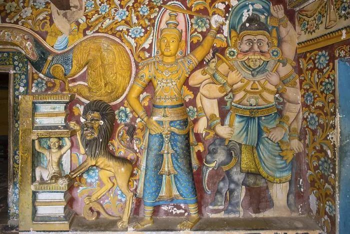 Framed Print : Old murals and sculptures inside the caves of the Buddhist temple and monastery Mulkirigala Raja Maha Vihara