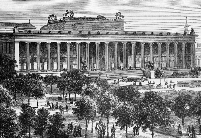 Framed Print : Old Museum on the Museum Island with pleasure garden in Berlin Mitte, built 1825-1830 by Karl Friedrich Schinkel, front with Ionic columns, many strollers strolling, recreation, leisure, avenue, travel, Germany, historical illustration 1885, Europe