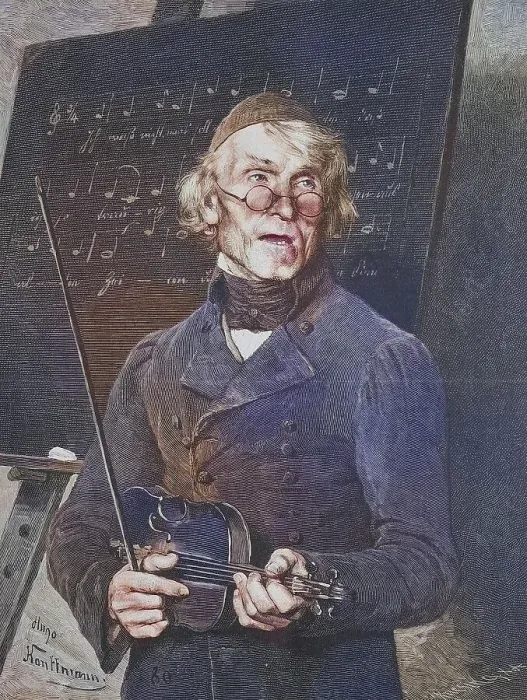 Framed Print : Old music teacher with violin standing in front of a table with sheet music