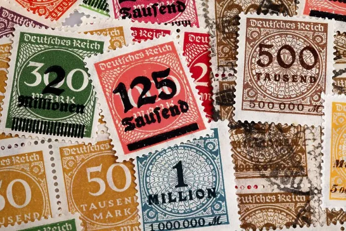 Framed Print : Old, postmarked stamps, inflation