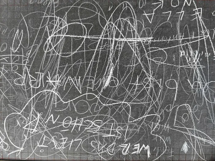 Framed Print : Old school blackboard with lots of scribbling on the blackboard surface