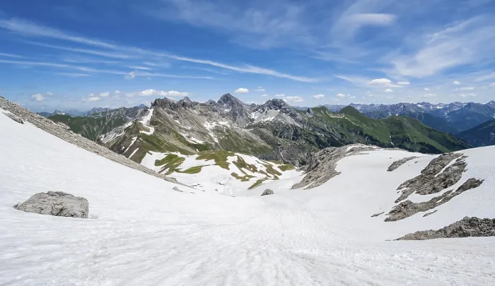 Framed Print : Old snow fields and mountain panorama with summit of Grosser Krottenkopf and Ramstallkopf Framed Print : Old snow fields and mountain panorama with summit of Grosser Krottenkopf and Ramstallkopf