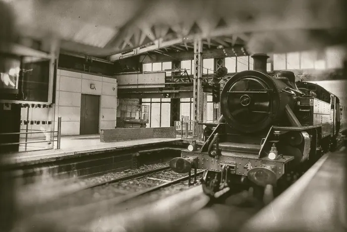 Framed Print : Old steam train, vintage locomotive entering train station Framed Print : Old steam train, vintage locomotive entering train station