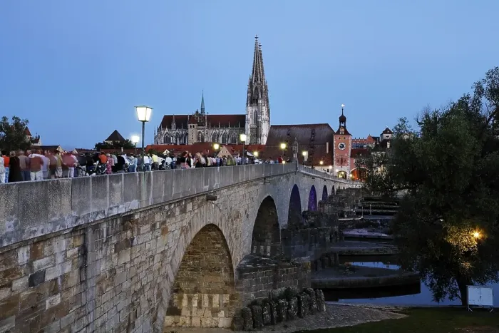 Framed Print : Old Stone Bridge and cathedral St Peter in Regensburg Bavaria Germany