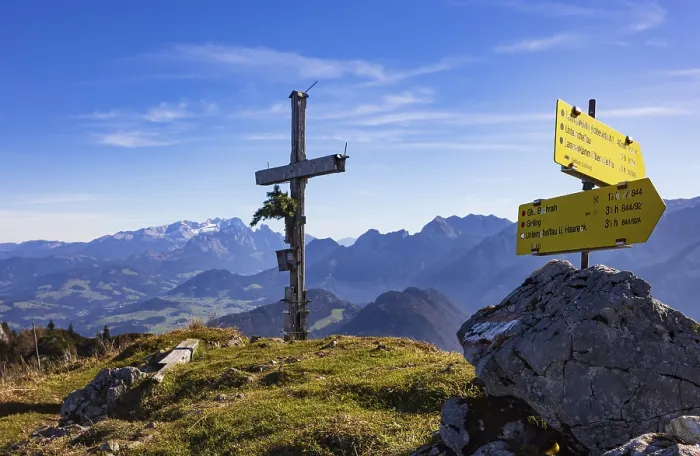 Framed Print : Old summit cross on the Schwarzer Berg with a view of the Dachstein massif Framed Print : Old summit cross on the Schwarzer Berg with a view of the Dachstein massif