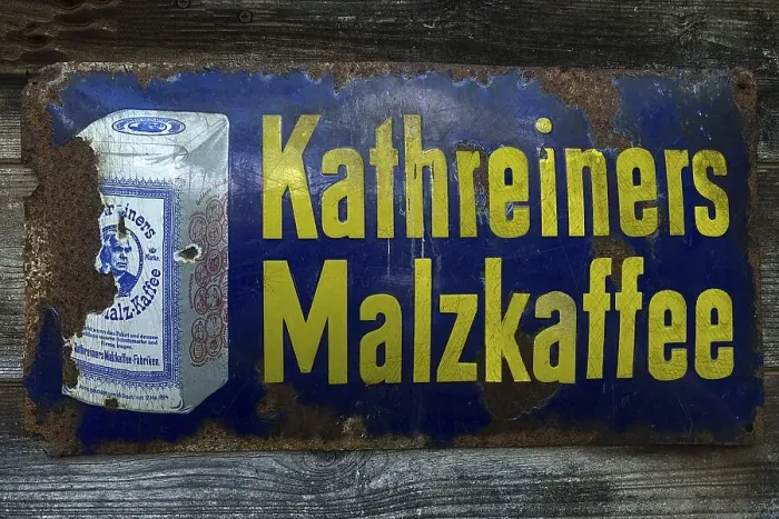 Framed Print : Old tin sign from the 1950s, Kathreiners Malt coffee Framed Print : Old tin sign from the 1950s, Kathreiners Malt coffee