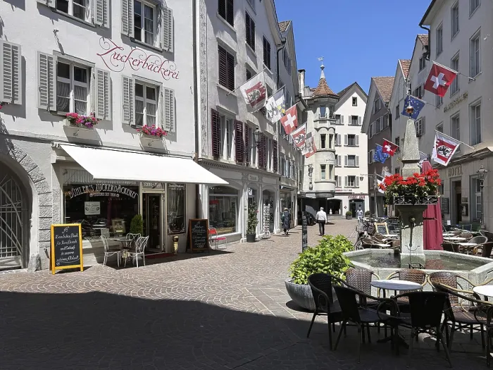 Framed Print : Old town of Chur with Buhler's confectionery