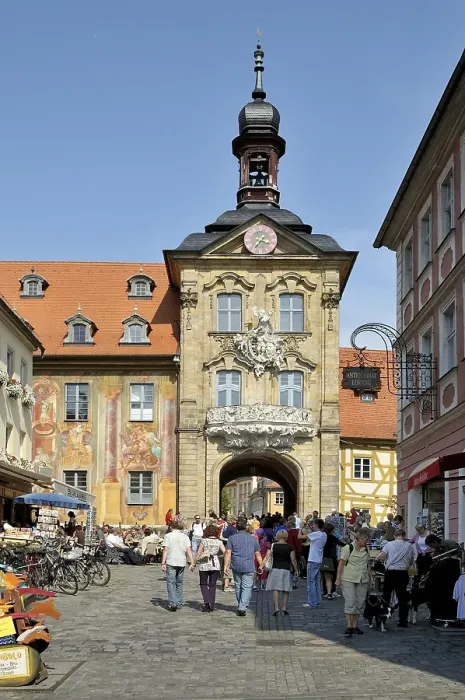 Framed Print : Old town hall standing on piles in the middle of the Regnitz river below