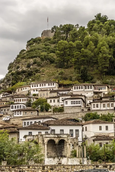 Framed Print : Old town on a hillside with castle and old stone houses