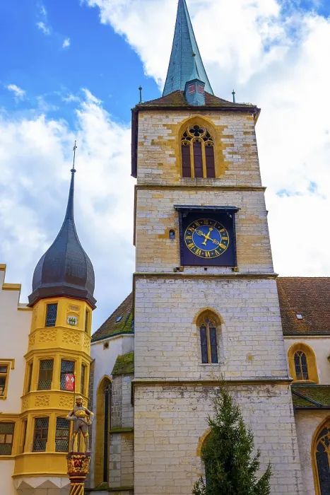 Framed Print : Old Town with House and Water Fountain with Statue and Clock Tower with Sky