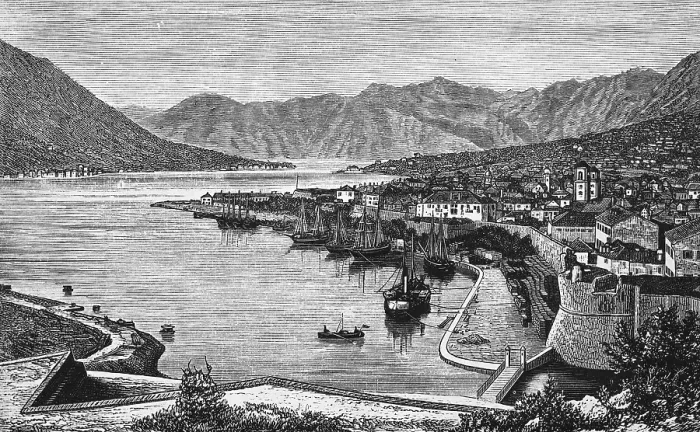 Framed Print : Old town of Kotor or Cattaro in the Bay of Kotor, city wall with round tower, mountain landscape, harbour with two masts, geography, Montenegro, historical illustration 1888, Europe