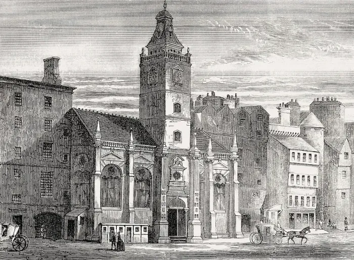 Framed Print : The Old Tron Church before fire in the early nineteenth century