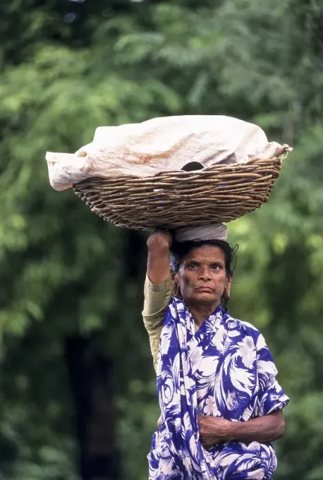 Framed Print : An old woman carrying a basket full of luggage on head