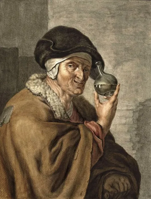 Framed Print : Old woman with a urine jar in which she has collected urine for the doctor