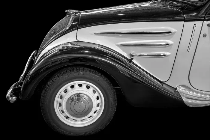 Framed Print : Oldtimer detail, Peugeot 402, in black and white Framed Print : Oldtimer detail, Peugeot 402, in black and white