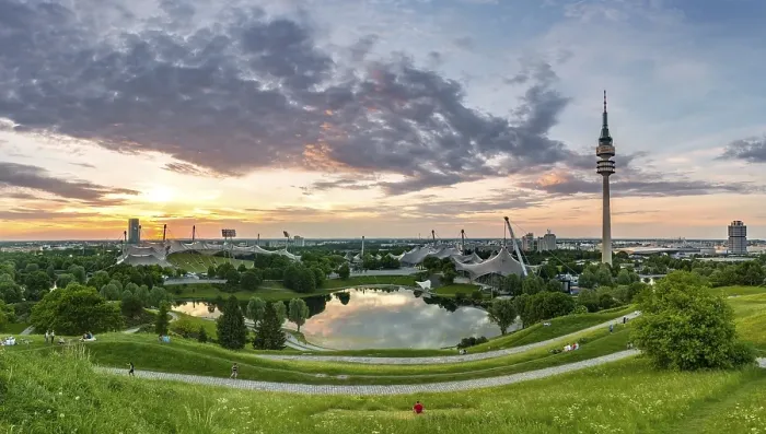 Framed Print : Olympic grounds at sunset, park with Olympic lake and television tower Framed Print : Olympic grounds at sunset, park with Olympic lake and television tower