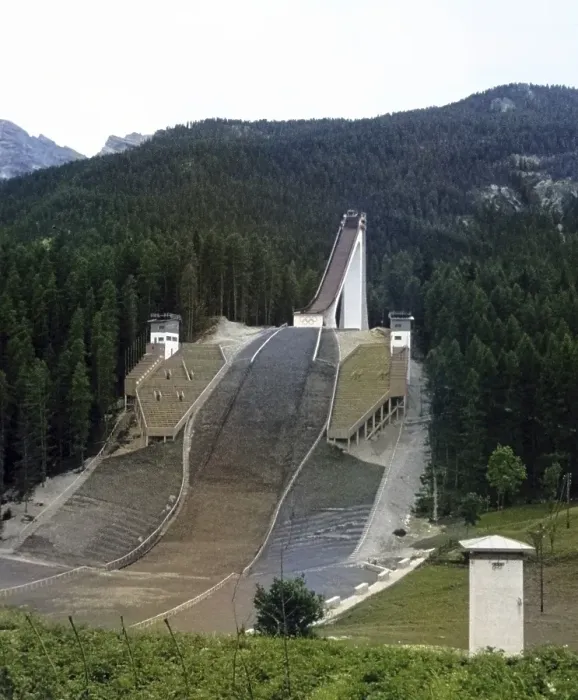 Framed Print : Olympic ski-jump Cortina d Smpezzo, Italy, Europe, c 1956 colourised Ektachrome slide, Europe