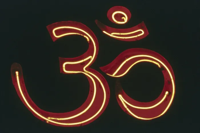 Framed Print : OM illuminated neon sign, Saras Baug
